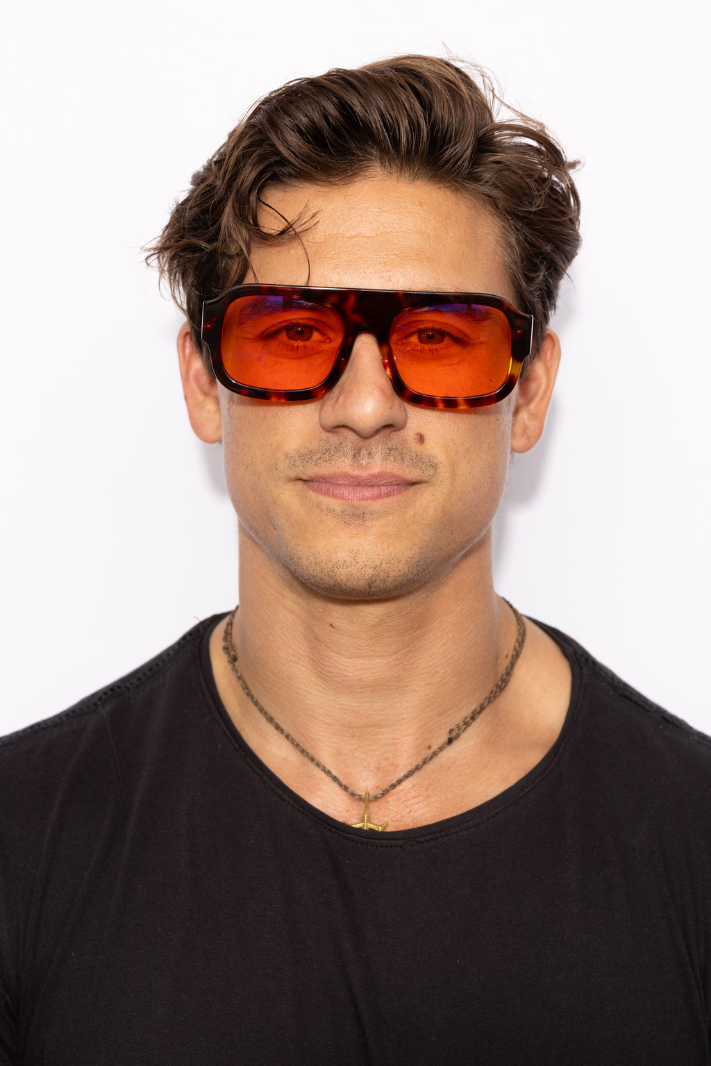 Man wearing Good In Bed DYLAN blue light blocking glasses in Dark Tortoise, direct front view